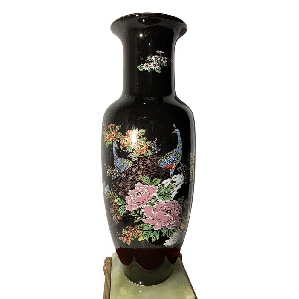 Vintage Kutani Japan Black Porcelain Peacock Floral Vase Gilt Peony 11‎ Inch